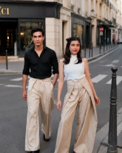 AWAISHU wide-leg trousers, two models walking on a Paris street