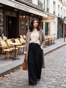 AWAISHU black wide-leg trousers with camel coat outside a Paris cafe