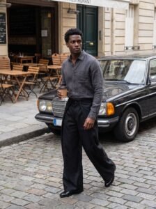 AWAISHU black wide-leg trousers with charcoal shirt on a cobbled street