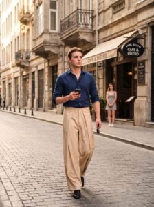 AWAISHU beige wide-leg trousers with navy shirt on a cobbled street